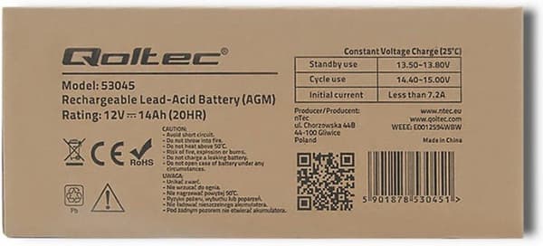 Qoltec 53045 AGM akku | 12V | 14Ah | max. 210A