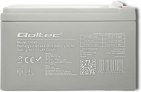 Qoltec 53045 AGM batteri | 12V | 14 Ah | max. 210A