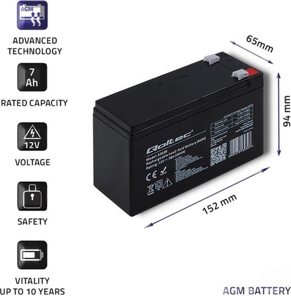 Qoltec 53030 AGM-batteri | 12V | 7Ah
