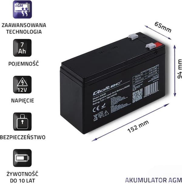 Qoltec 53030 AGM-batteri | 12V | 7Ah