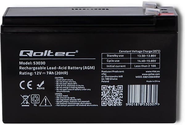 Qoltec 53030 AGM batteri | 12V | 7Ah | max 105A