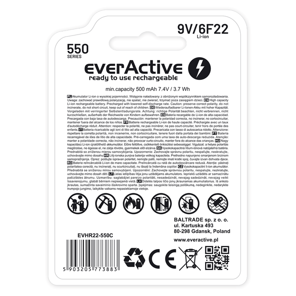 EVERACTIVE BATTERI 6F22/9V LI-ION 550 MAH MED USB TYPE C EVHR22-550C