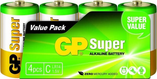 GP alkalisk batteri C 1,5 V Super, 4 stk