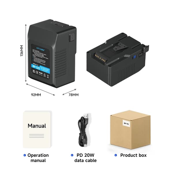 V Mount Batteri, Høj Kapacitet, D-Tap Oplader, BP-185 batteri