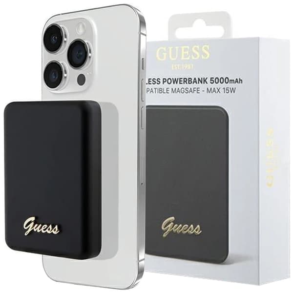 Guess MagSafe Metal Script Logo induksjonsstrømforsyning 5W 3000mAh - svart
