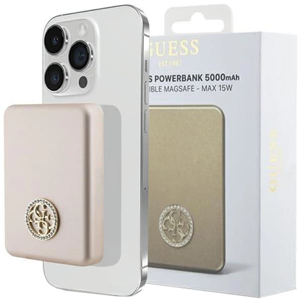 Guess MagSafe 4G Strassed Metal Logo induksjonsstrømforsyning 15W 5000mAh - gull