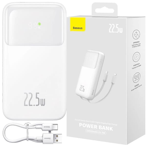 Baseus Comet Series strømforsyning med skjerm 10 000 mAh 22,5 W - hvit + USB-A - USB-C-kabel