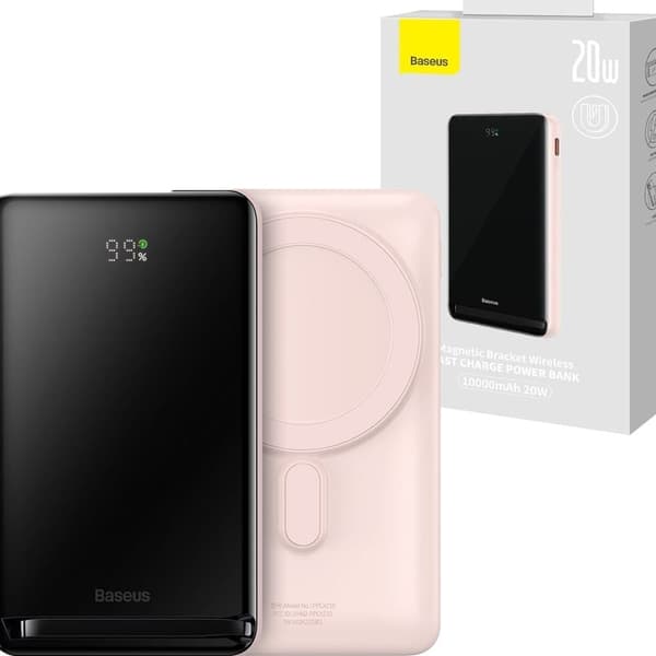 Baseus Magnetic Bracket strømbank med trådløs lading MagSafe 10000mAh 20W Overseas Edition rosa (PPCX000204) + USB Type C -k