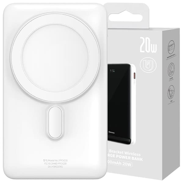 Baseus Magnetic Bracket strømbank med trådløs lading MagSafe 10000mAh 20W Overseas Edition hvit (PPCX000202) + USB Type C-kabel