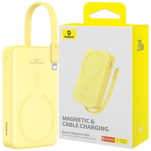 Baseus Magnetic Mini MagSafe 10000mAh 20W strømforsyning med innebygd Lightning-kabel - gul + Baseus Simple Series USB-C - USB-C 60W