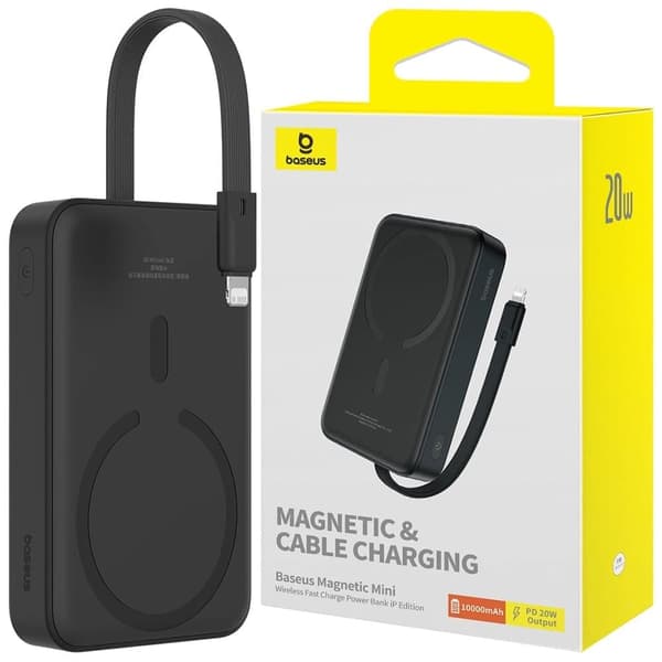 Baseus Magnetic Mini MagSafe 10 000 mAh 20W strømforsyning med innebygd Lightning-kabel - Svart + Baseus Simple Series USB-C - USB-C 60W