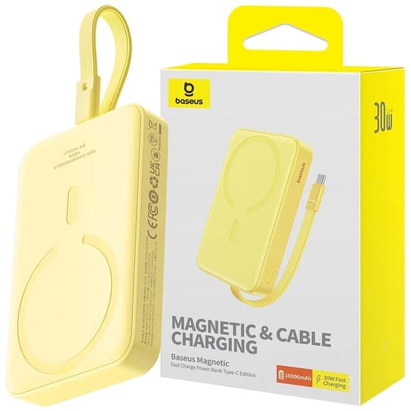 Baseus Magnetic Mini MagSafe 10000mAh 30W strømforsyning med innebygd USB-C-kabel - gul + Baseus Simple Series USB-C - USB-C 60W 0.3 Gult