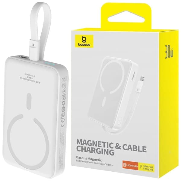 Baseus Magnetic Mini MagSafe 10 000 mAh 30W strømforsyning med innebygd USB-C-kabel - Hvit + Baseus Simple Series USB-C - USB-C 60W Hvit