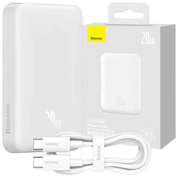 Baseus Magnetic Mini powerbank med induktiv lading MagSafe 15W / hurtiglading PD 20W 10000mAh hvit (Overseas Edition) + Xiaobai-sar Hvit