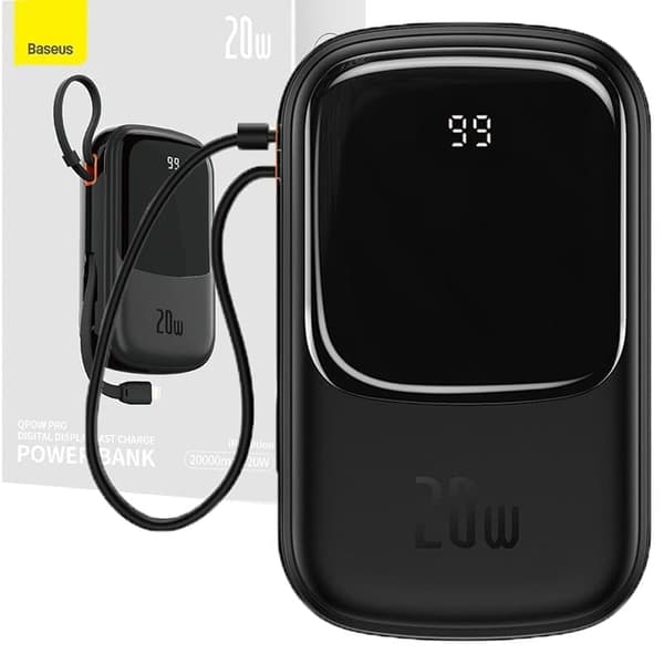Baseus Qpow Digital Display Powerbank med hurtiglading 20000mAh 20W QC/PD/SCP/FCP med innebygd Lightning-kabel Svart Baseus Qpow Digital Display Powerbank med hurtiglading 20000mAh 20W QC/PD/SCP/FCP med innebygd Lightning-kabel Svart