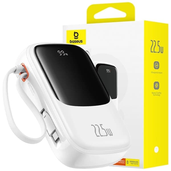 Baseus Qpow Pro+ 20 000 mAh 22,5 W strømforsyning med innebygd USB-C-kabel og skjerm - hvit