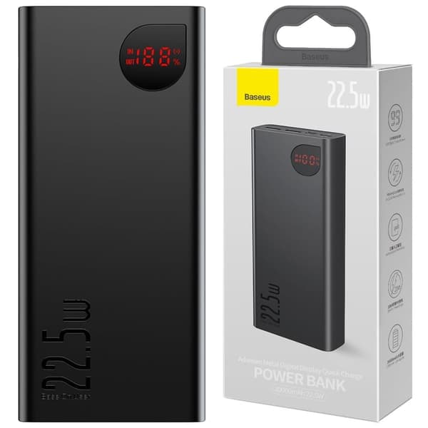 Baseus Adaman Powerbank med hurtiglading 20000mAh 22,5W + USB C 3A-kabel 0,3m svart Sort
