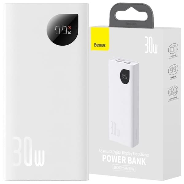Baseus Adaman2 strømforsyning med digital skjerm 2x USB-A / 1x USB-C 10000mAh 30W - hvit Hvit