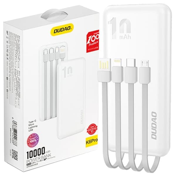 Dudao K6Pro universell strømforsyning 10000mAh med USB-kabel, USB Type C, Lynhvit (K6Pro-hvit) Hvit