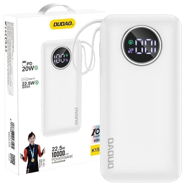 Dudao Powerbank 10000mAh USB-A / USB-C 22,5W med innebygd Lightning og USB-C-kabel hvit (K15sW)