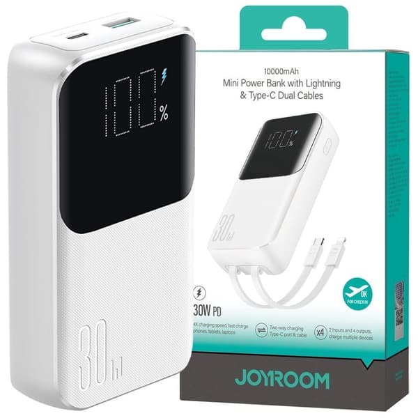 Mini powerbank med innebygde kabler Joyroom JR-PBC06 30W 10000mAh - hvit