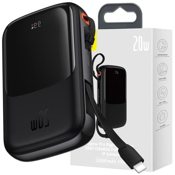 Powerbank 10000mAh 20W Baseus Qpow Pro Overseas Edition + USB C 3A-kabel - svart