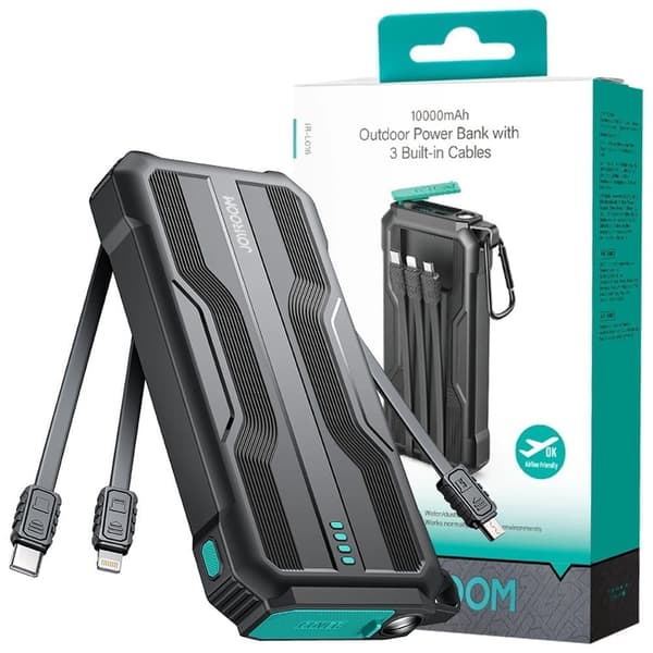 Powerbank 10000mAh Joyroom JR-L016 med innebygd USB-C/Micro-USB/Lightning-kabel - Svart