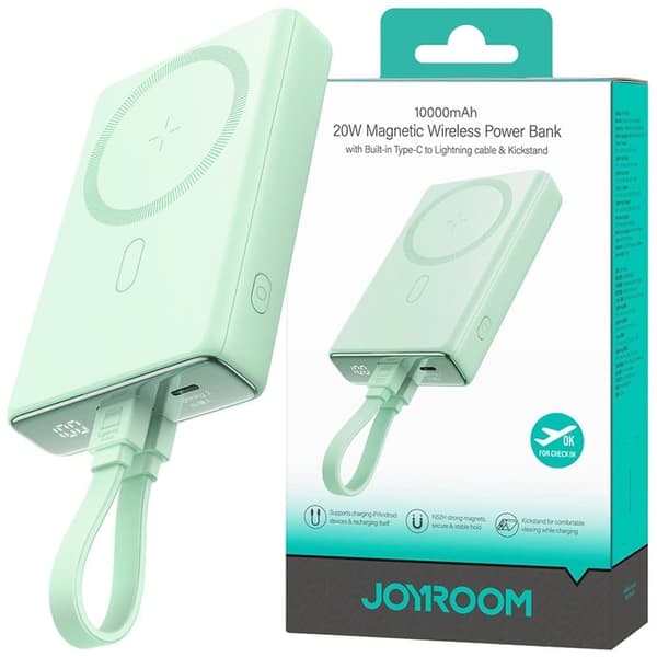 Powerbank Joyroom JR-PBM01 magnetisk 10000mAh 20W med stativ + Lightning-kabel - USB-C - grønn