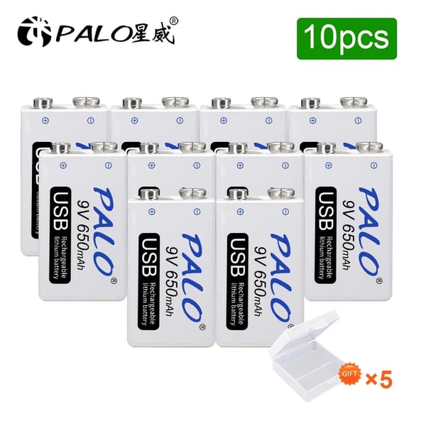 9V USB Genopladeligt Batteri, 650mAh, 1800 Genopladningscykler,10 stykker 9V batteri