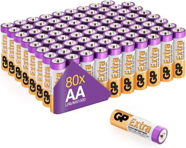 GP Alkaliska AA- batteri 80-pack| GP Extra |15A/LR6 1.5V batteri | Lång livslängd, högre effektivitet och daglig användning