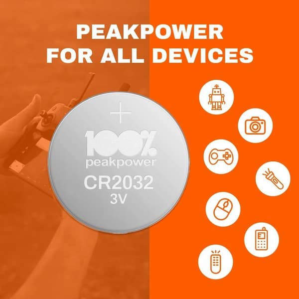 100% PeakPower CR2032 - Litiumbatteri 20-pack| 100% PeakPower | CR 2032 3V batteri | Lång livslängd, högre effektivitet och daglig användning