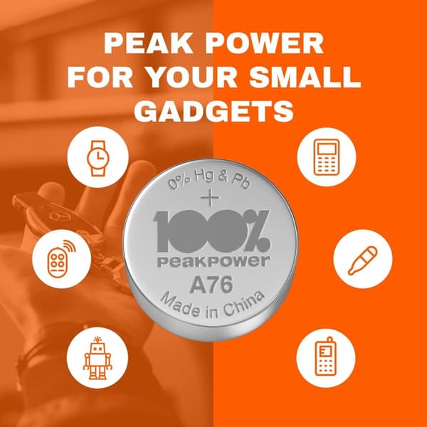 100% PeakPower Alkaliska LR44- batteri 20-pack|100% PeakPower| AG13, A76 batteri | Lång livslängd, högre effektivitet och daglig användning