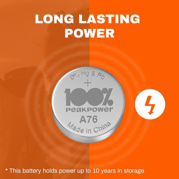 100% PeakPower Alkaliska LR44- batteri 20-pack|100% PeakPower| AG13, A76 batteri | Lång livslängd, högre effektivitet och daglig användning