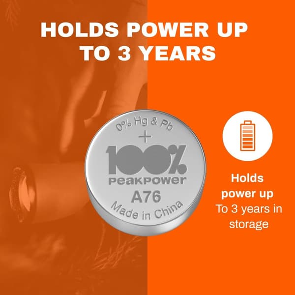 100% PeakPower Alkaliska LR44- batteri 20-pack|100% PeakPower| AG13, A76 batteri | Lång livslängd, högre effektivitet och daglig användning