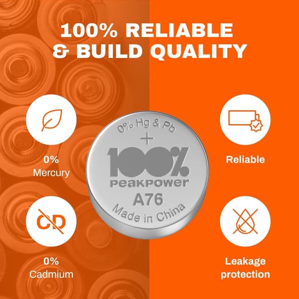 100% PeakPower Alkaliska LR44- batteri 20-pack|100% PeakPower| AG13, A76 batteri | Lång livslängd, högre effektivitet och daglig användning