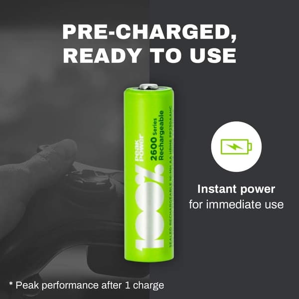 100% PeakPower Laddningsbara AA- batteri 4-pack| 100% PeakPower | AA NiMH 1.2V LR06 Förladdade, högpresterande batterier med hög kapacitet