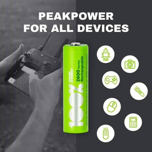 100% PeakPower Laddningsbara AA- batteri 4-pack| 100% PeakPower | AA NiMH 1.2V LR06 Förladdade, högpresterande batterier med hög kapacitet