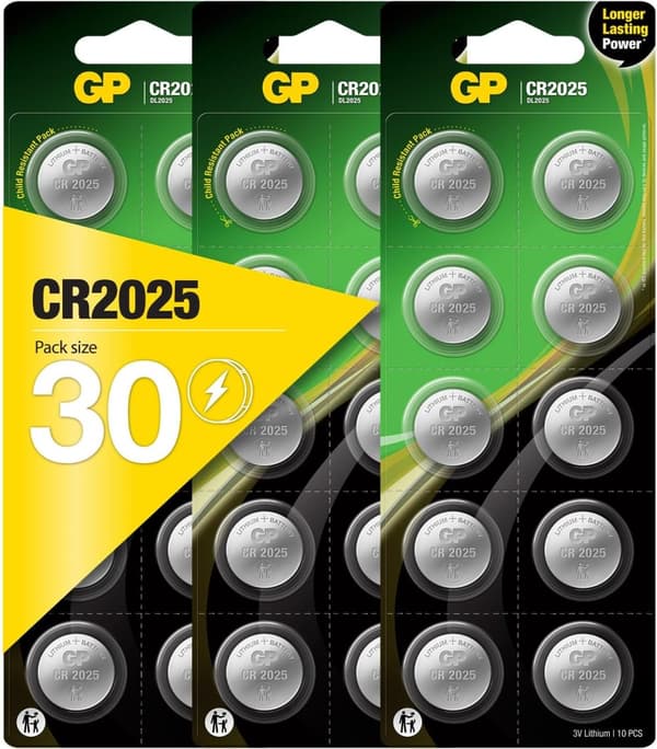 GP CR2025 - Litiumbatteri 30-pack| GP | CR 2025 3V batteri | Lång livslängd, högre effektivitet och daglig användning
