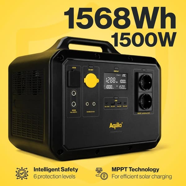 Bärbart kraftverk 1500W -Aqiila Powerbird S1500-1568Wh - mångsidigt powerstation för camping, resor och nödsituationer - Powerbank hög kapacitet, snab
