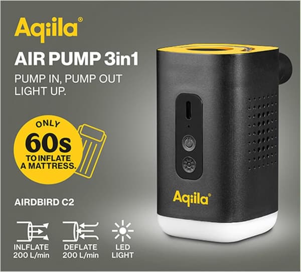 Bärbar luftpump och högpresterande kompressor med fickstativ | Aqiila Airbird C2 | Snabb installation och automatisk avstängning, exakt och enkel uppb