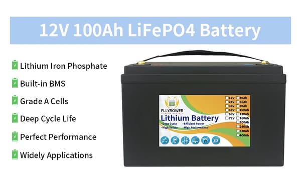 LiFePO4-batteri, 12,8V, 6000 cyklusliv, indbygget BMS,12V 100Ah352mm