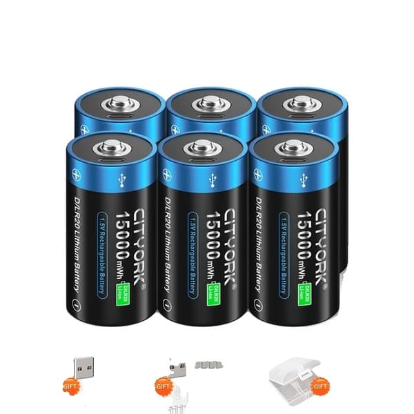 CITYORK D Størrelse Genopladeligt Lithiumbatteri, 15000mWh Kapacitet, USB Type-C Opladning,6 stk. batteri 6PCS Battery