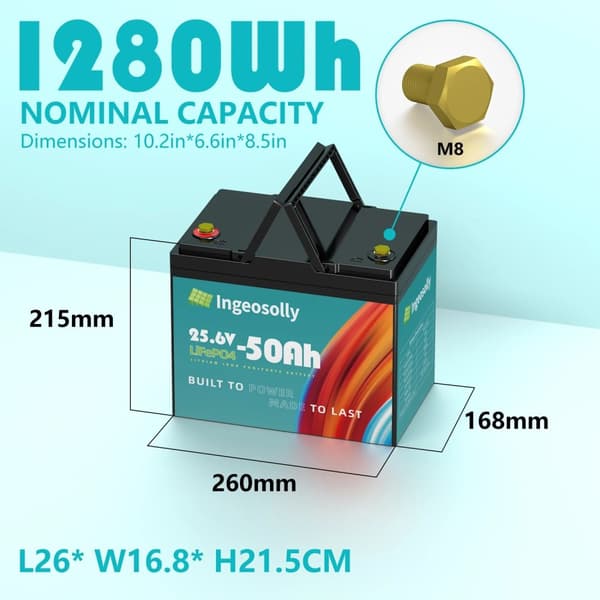 24V LiFePO4-batteri, 50AH kapacitet, 25,6V spænding,24V 50AH