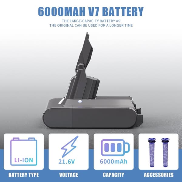 Dyson V7 Batteribyte, 6000mAh Kapacitet, LED-indikator,2 st 6,0Ah