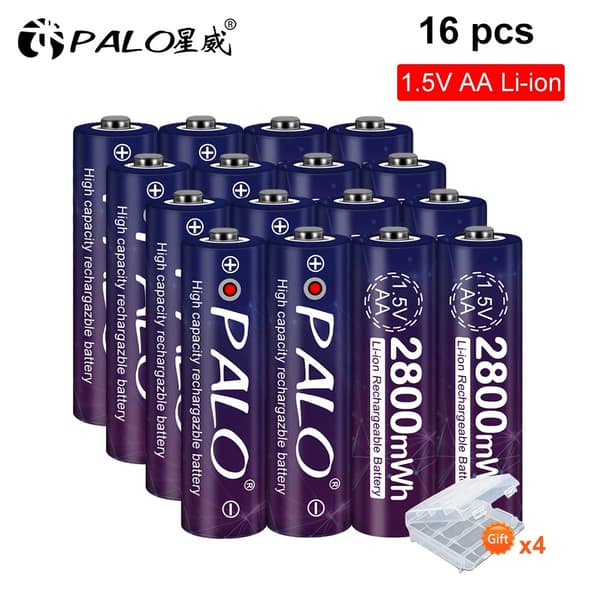 PALO 1.5V AA Li-ion Genopladeligt Batteri, Høj Kapacitet 2800mWh, Lang Levetid 1500 Cyklusser,16 stk AA, 1,5V