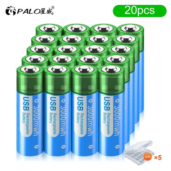 PALO 3000mAh AA USB Genopladeligt Batteri, Praktisk USB Opladning, Multi-Pack Muligheder,20 stk, 1,5V