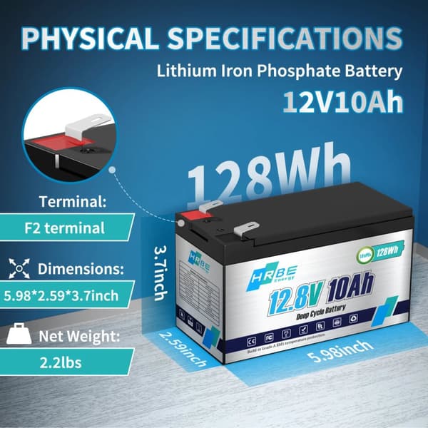 LiFePO4-batteri, 12V 10Ah, 128Wh energikapacitet,12V 10AH