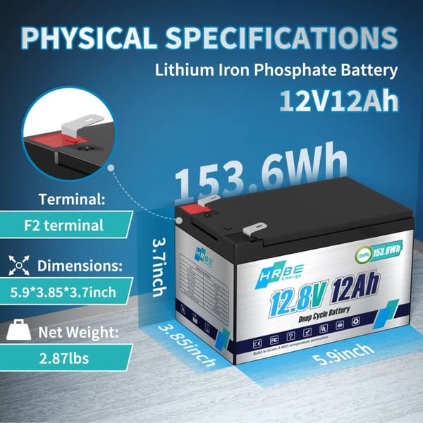 LiFePO4-batteri, 12V 10Ah, 128Wh energikapacitet,12V 10AH