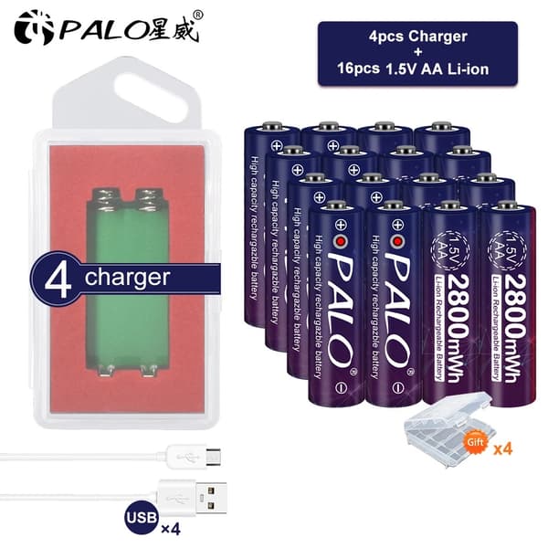 PALO 1.5V AA Genopladeligt Batteri, 2800mWh Kapacitet, 1500 Opladningscykler,16 AA 4 oplader