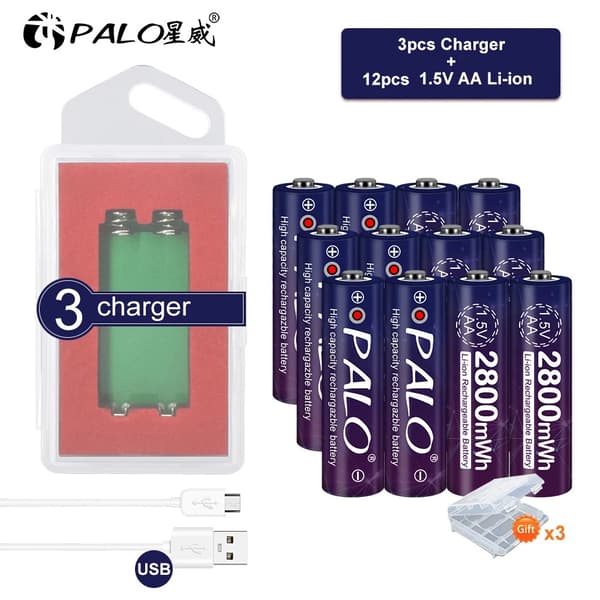 PALO 1.5V AA Genopladeligt Batteri, 2800mWh Kapacitet, 1500 Opladningscykler,16 AA 4 oplader